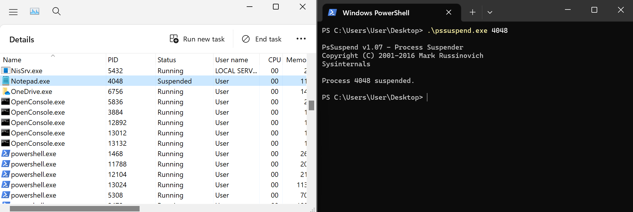 Suspended Notepad Process